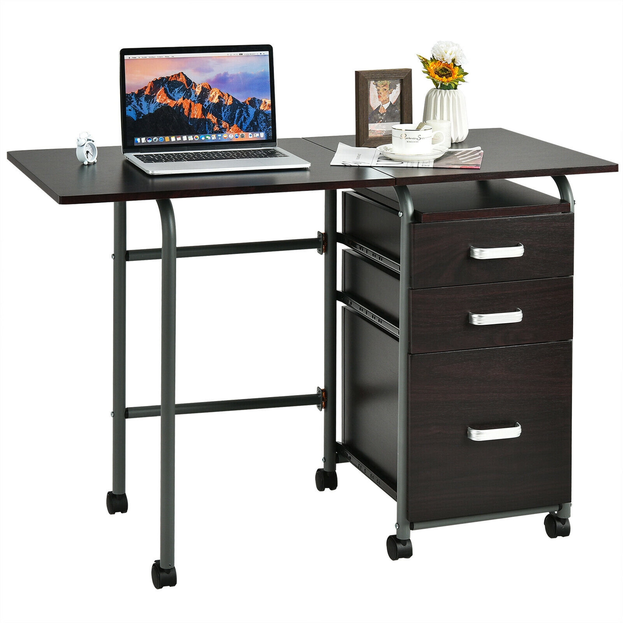 Gymax Folding Computer Laptop Desk Wheeled Home Office Furniture With 3 Gymax Folding Computer Laptop Desk Wheeled Home Office Furniture With 3